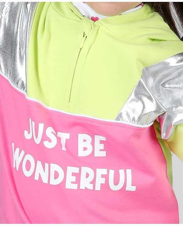 Babyhug Cotton Knit Full Sleeves Front Open Cut & Sew Hooded Sweat Shirt with Metallic Fabric & Zipper Detailing Text Print - Multicolour