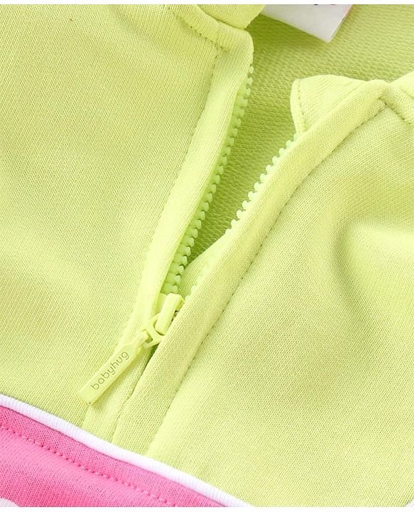 Babyhug Cotton Knit Full Sleeves Front Open Cut & Sew Hooded Sweat Shirt with Metallic Fabric & Zipper Detailing Text Print - Multicolour