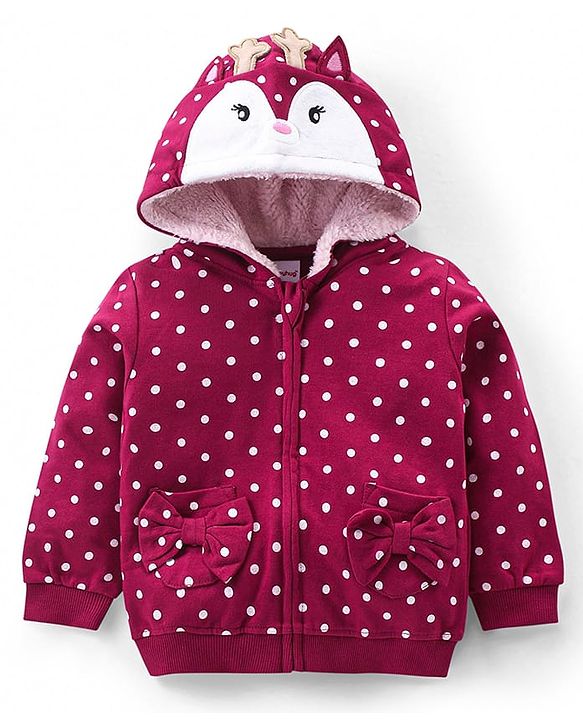 Babyhug Full Sleeves Front Open Sweatjacket with Hood Zipper & 3D Appplique Polka Dot Print -  Maroon