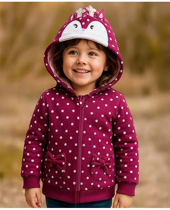 Babyhug Full Sleeves Front Open Sweatjacket with Hood Zipper & 3D Appplique Polka Dot Print -  Maroon