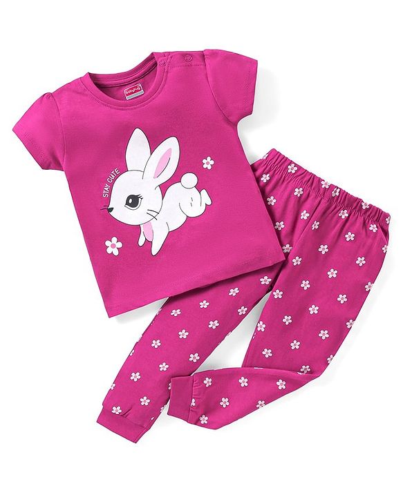 Babyhug Cotton Knit Half Sleeves Bunny Print Night Suit - Purple