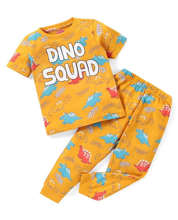 Babyhug Cotton Knit Half Sleeves Dino Print Night Suit - Yellow