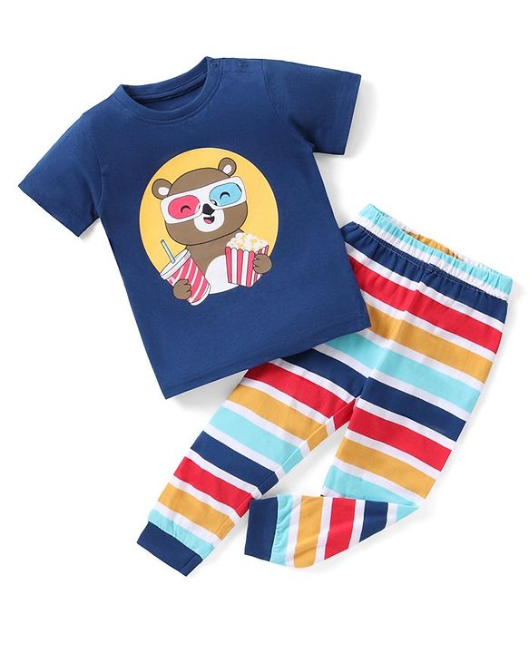 Babyhug Cotton Knit Half Sleeves Teddy Print Night Suit - Multicolour