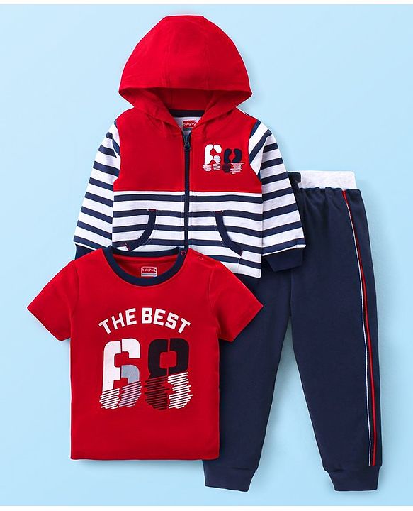 Babyhug Cotton Knit Full Sleeves Striped Hoodie With T-Shirt & Lounge Pants - Multicolor
