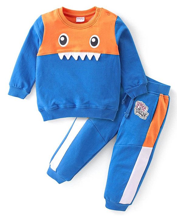 Babyhug Terry Full Sleeve T-Shirt and Cut & Sew Design Lounge Pant Set With Monster Applique- Blue  & Orange