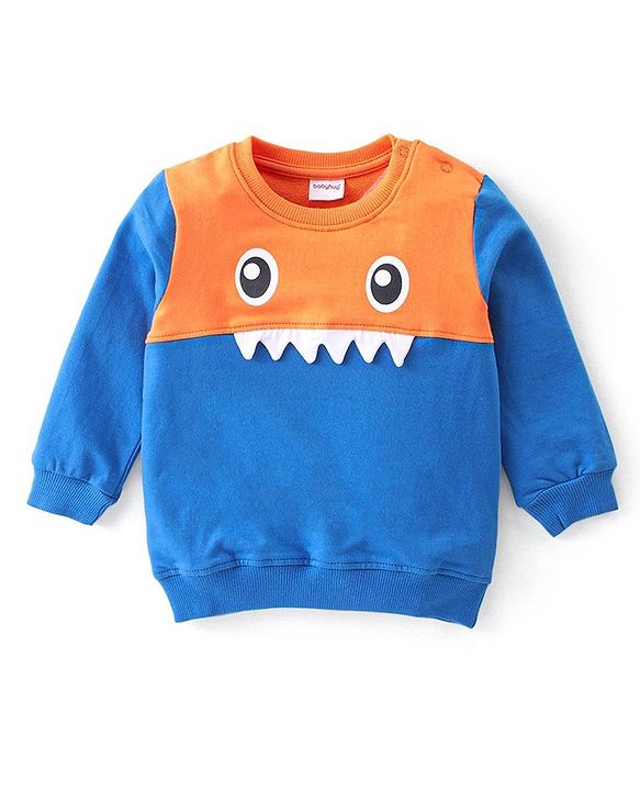 Babyhug Terry Full Sleeve T-Shirt and Cut & Sew Design Lounge Pant Set With Monster Applique- Blue  & Orange