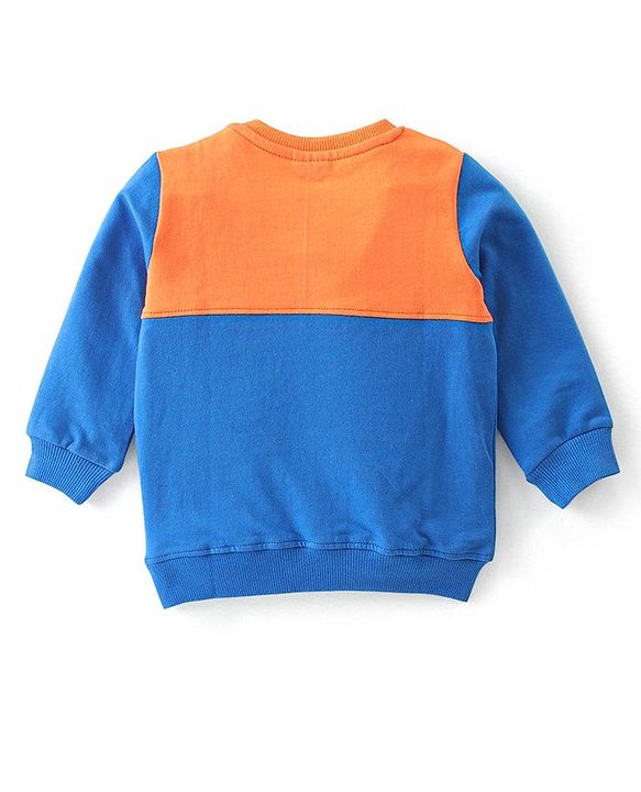 Babyhug Terry Full Sleeve T-Shirt and Cut & Sew Design Lounge Pant Set With Monster Applique- Blue  & Orange
