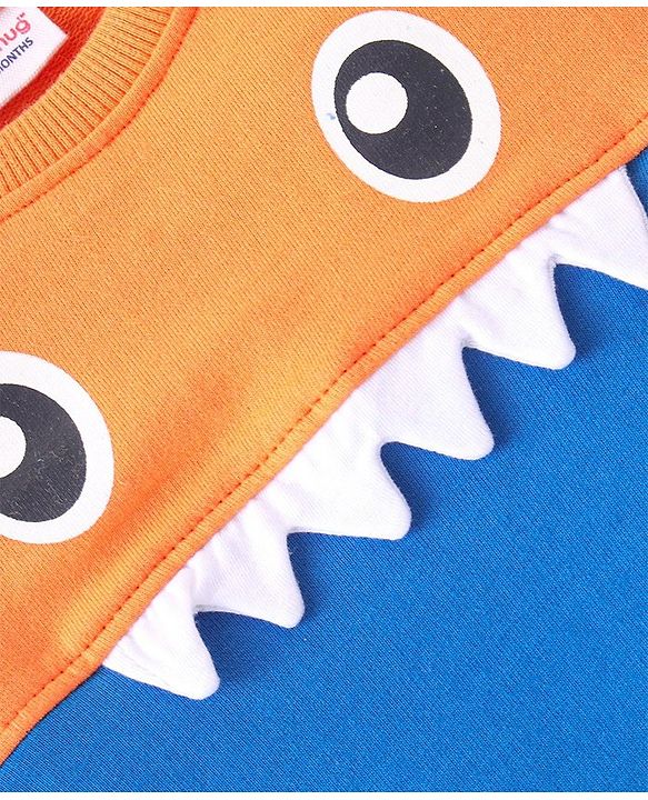 Babyhug Terry Full Sleeve T-Shirt and Cut & Sew Design Lounge Pant Set With Monster Applique- Blue  & Orange