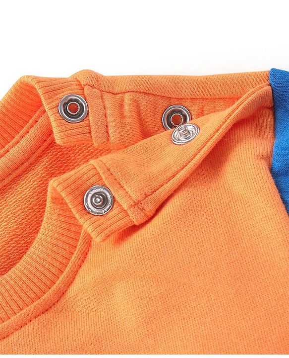 Babyhug Terry Full Sleeve T-Shirt and Cut & Sew Design Lounge Pant Set With Monster Applique- Blue  & Orange