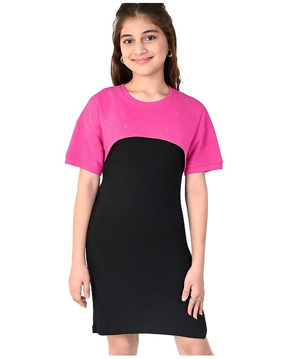 Pine Kids Cotton Solid Frock with Half Sleeves Shrug & Belt - Black & Pink