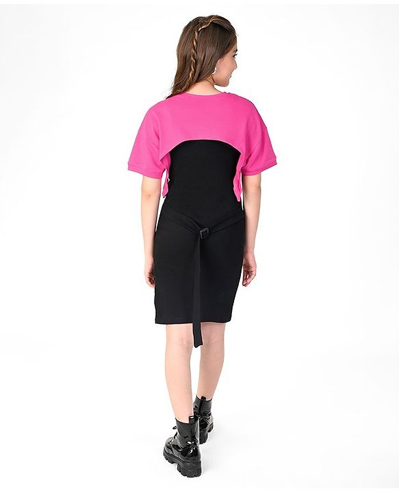 Pine Kids Cotton Solid Frock with Half Sleeves Shrug & Belt - Black & Pink