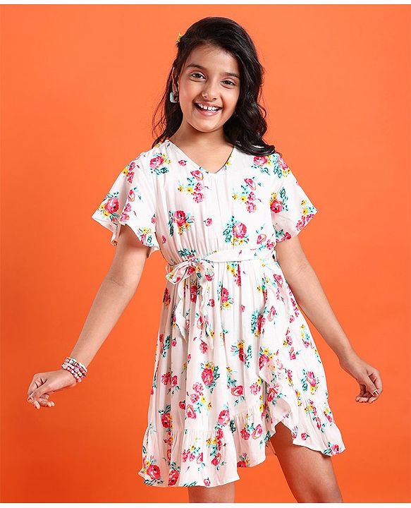 Pine Kids Cotton Woven Half Sleeves Floral Printed Frock - Snow White