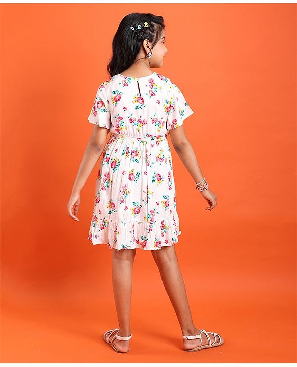 Pine Kids Cotton Woven Half Sleeves Floral Printed Frock - Snow White