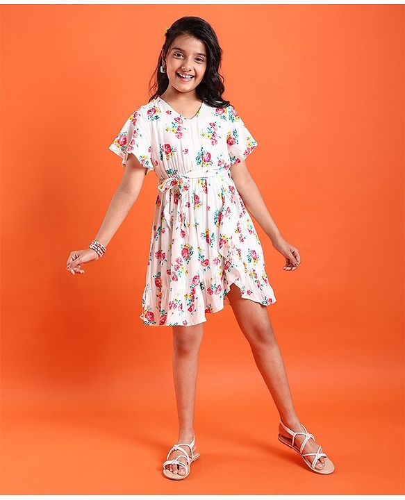 Pine Kids Cotton Woven Half Sleeves Floral Printed Frock - Snow White