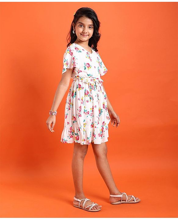 Pine Kids Cotton Woven Half Sleeves Floral Printed Frock - Snow White