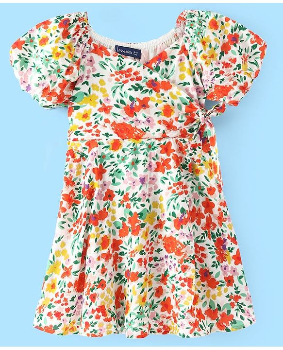 Pine Kids Cotton Woven Half Sleeves Floral Printed Frock - Snow White