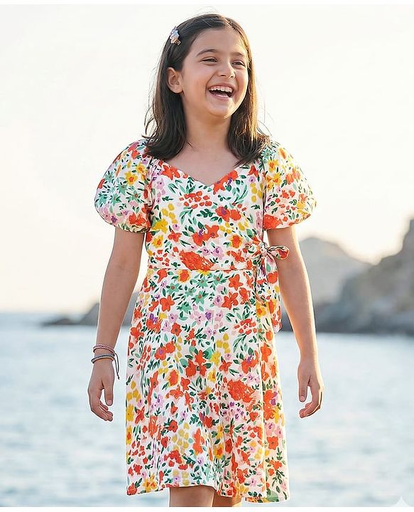 Pine Kids Cotton Woven Half Sleeves Floral Printed Frock - Snow White