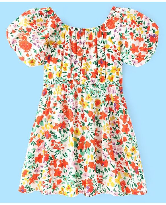 Pine Kids Cotton Woven Half Sleeves Floral Printed Frock - Snow White