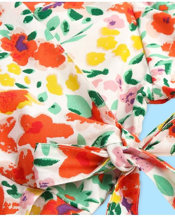 Pine Kids Cotton Woven Half Sleeves Floral Printed Frock - Snow White
