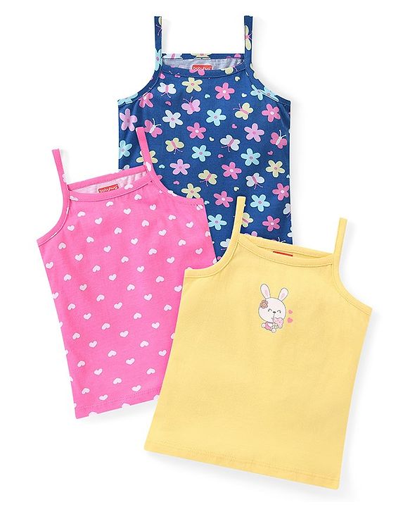 Babyhug 100% Cotton Sleeveless Slips Hearts Floral & Bunny Print Pack of 3 - Multicolour