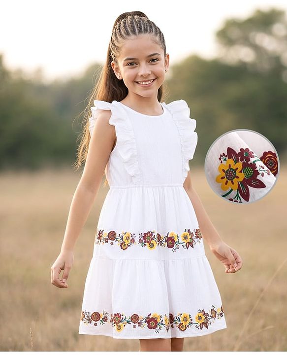 Pine Kids Woven Structure Frill Sleeves Tiered Frock with Floral Print - White