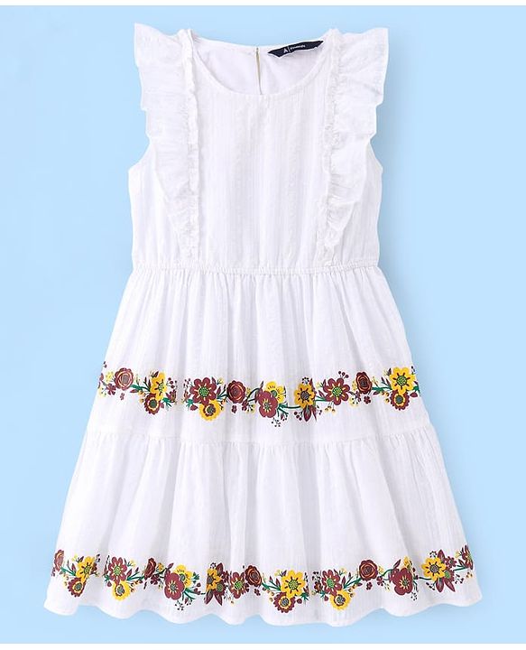 Pine Kids Woven Structure Frill Sleeves Tiered Frock with Floral Print - White