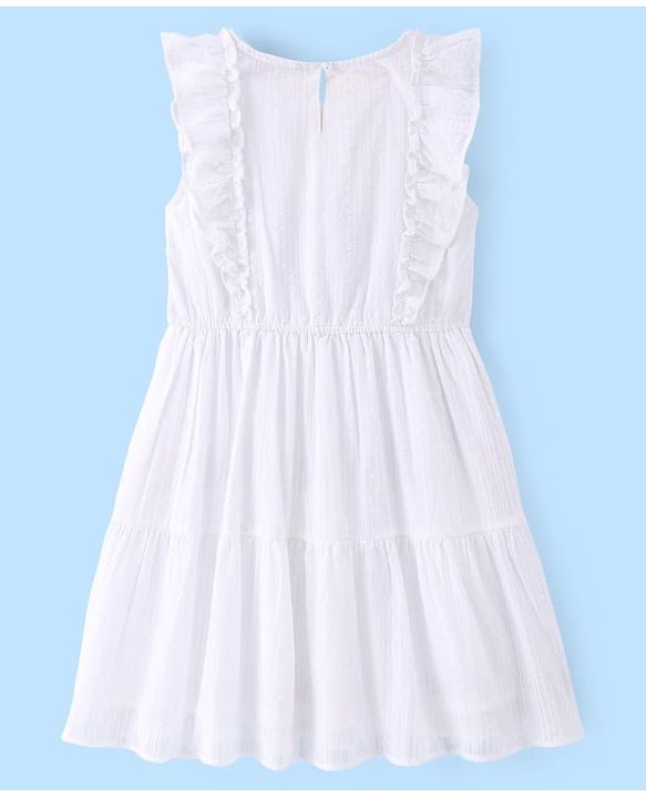 Pine Kids Woven Structure Frill Sleeves Tiered Frock with Floral Print - White