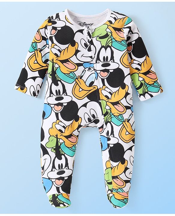 Babyhug Disney 100% Cotton Knit Full Sleeve Sleep Suit with Mickey Mouse Graphics -White