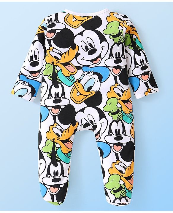 Babyhug Disney 100% Cotton Knit Full Sleeve Sleep Suit with Mickey Mouse Graphics -White