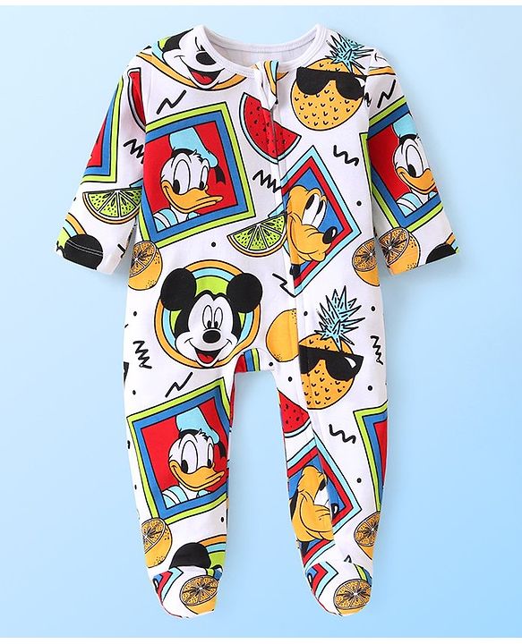 Babyhug Disney 100% Cotton Knit Full Sleeve Sleep Suit with Mickey Mouse Graphics -White