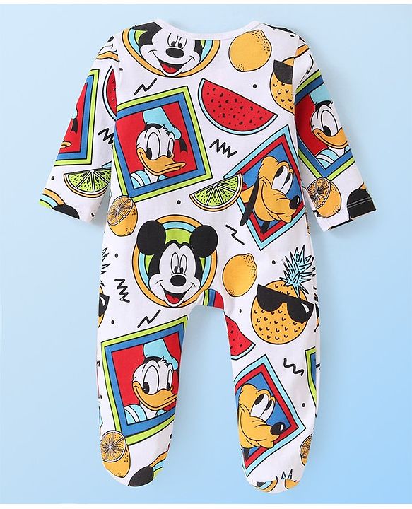 Babyhug Disney 100% Cotton Knit Full Sleeve Sleep Suit with Mickey Mouse Graphics -White