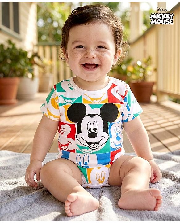 Babyhug Disney Interlock Knit  Half Sleeves Onesie with Mickey Mouse Graphics - Multicolour
