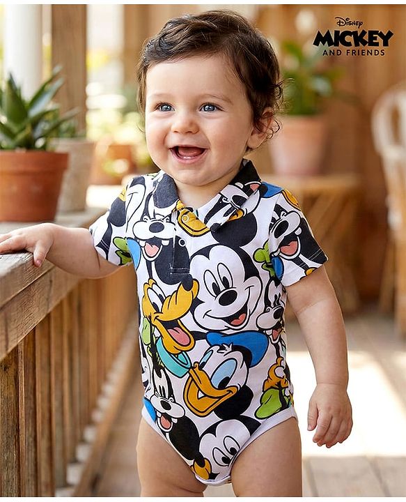 Babyhug Disney Interlock Knit Half Sleeves Onesie With Mickey Mouse Graphics - White