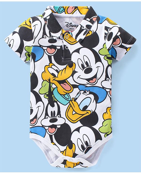Babyhug Disney Interlock Knit Half Sleeves Onesie With Mickey Mouse Graphics - White