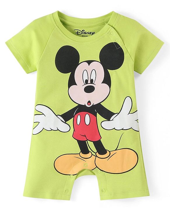 Babyhug Disney Interlock Cotton Knit Half Sleeves Romper with Cap & Mickey Mouse Graphics - Green