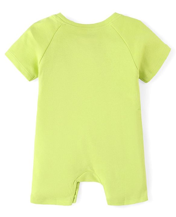 Babyhug Disney Interlock Cotton Knit Half Sleeves Romper with Cap & Mickey Mouse Graphics - Green