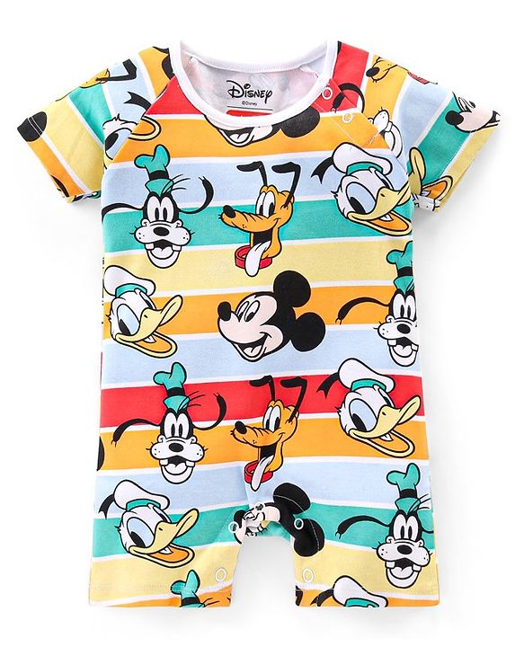 Babyhug Disney Interlock Knit Half Sleeves Romper with Mickey Mouse Graphics - Multicolor