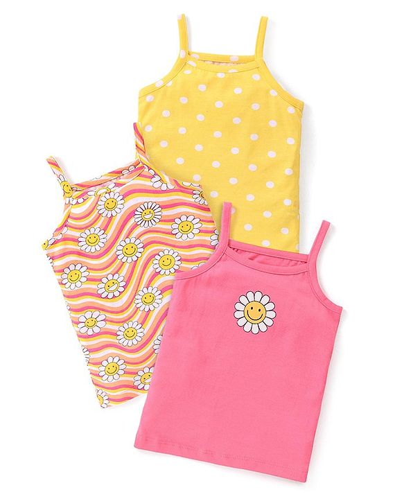 Babyhug 100% Cotton Knit Sleeveless Slip with Floral and Polka Dots Print Pack of 3 - Multicolor