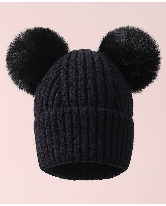 Pine Kids Cable Knit Design Woollen Cap with Pom Pom Black - Diameter 13 cm
