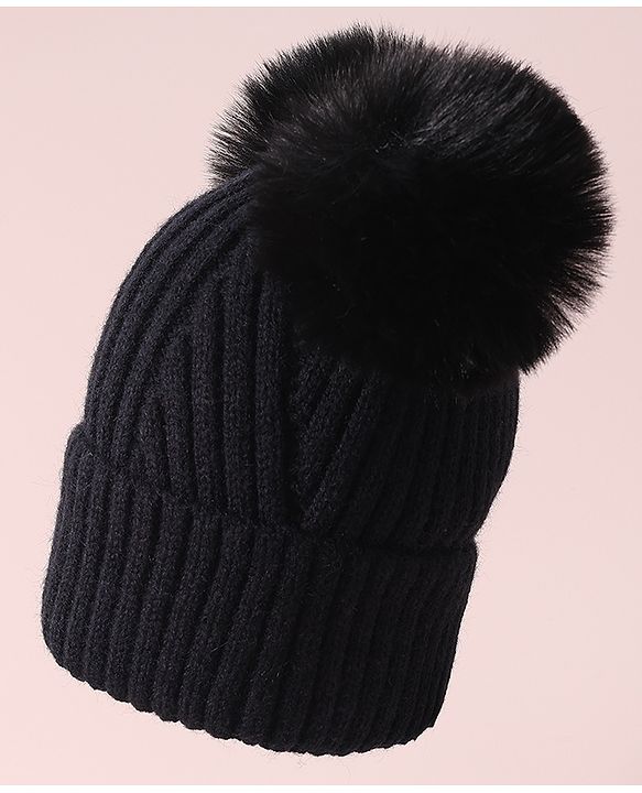 Pine Kids Cable Knit Design Woollen Cap with Pom Pom Black - Diameter 13 cm