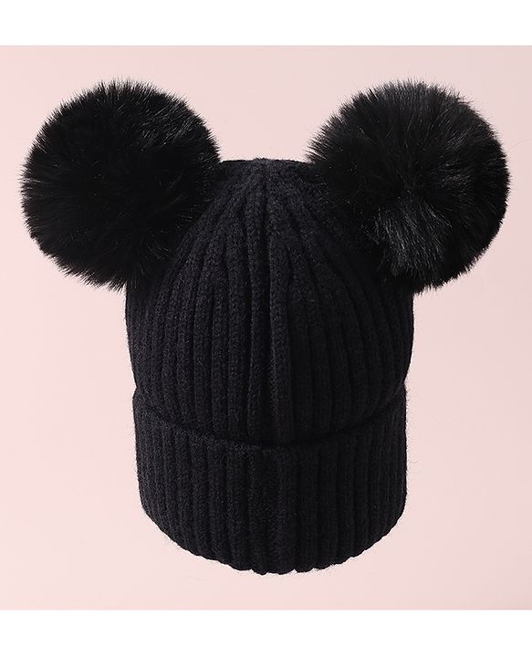 Pine Kids Cable Knit Design Woollen Cap with Pom Pom Black - Diameter 13 cm