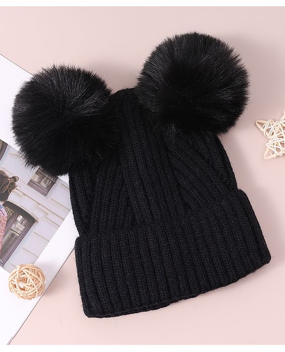 Pine Kids Cable Knit Design Woollen Cap with Pom Pom Black - Diameter 13 cm