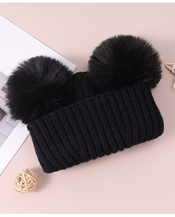 Pine Kids Cable Knit Design Woollen Cap with Pom Pom Black - Diameter 13 cm