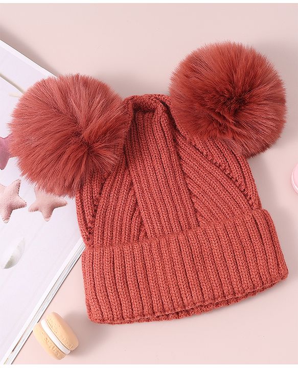 Pine Kids Cable Knit Design Woollen Cap with Pom Pom - Dark Pink