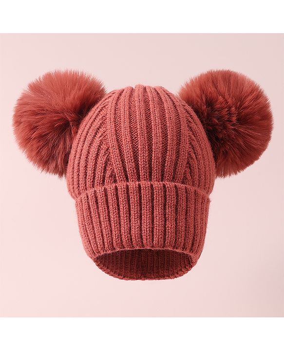 Pine Kids Cable Knit Design Woollen Cap with Pom Pom - Dark Pink