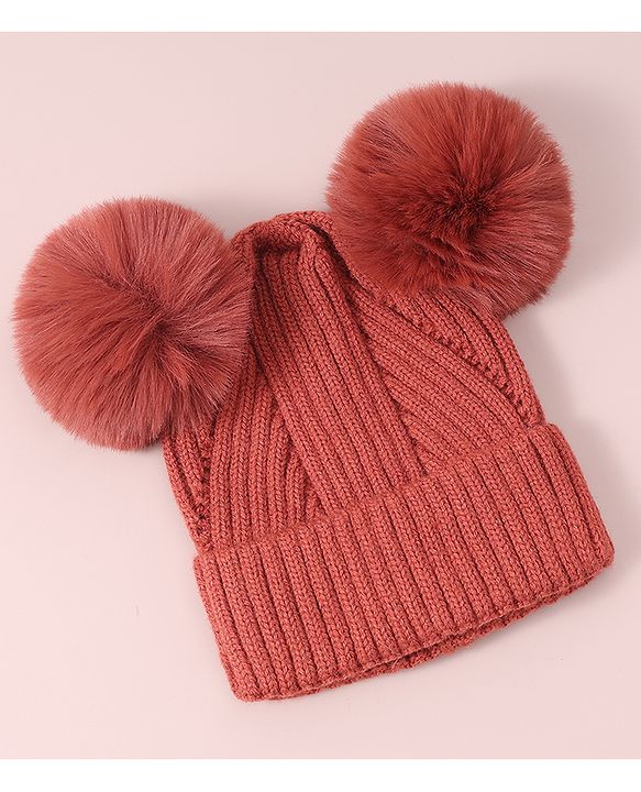 Pine Kids Cable Knit Design Woollen Cap with Pom Pom - Dark Pink