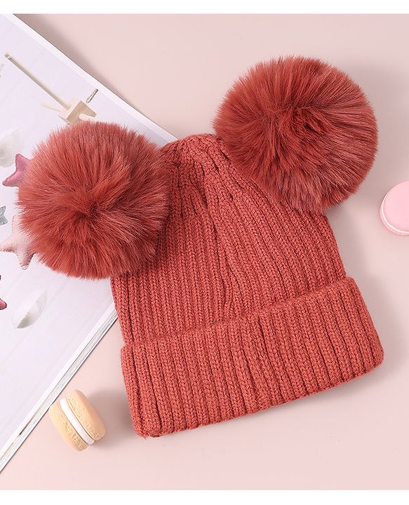 Pine Kids Cable Knit Design Woollen Cap with Pom Pom - Dark Pink
