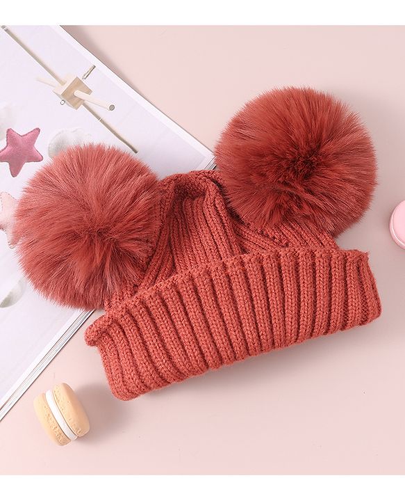 Pine Kids Cable Knit Design Woollen Cap with Pom Pom - Dark Pink