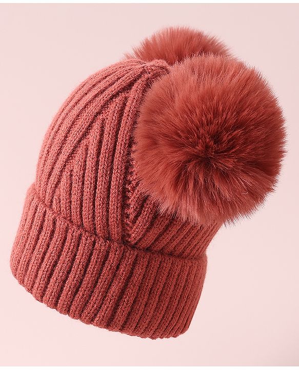 Pine Kids Cable Knit Design Woollen Cap with Pom Pom - Dark Pink