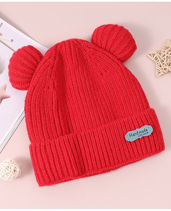 Pine Kids Cable Knit Design Woollen Cap with Pom Pom Red - Diameter 13 cm